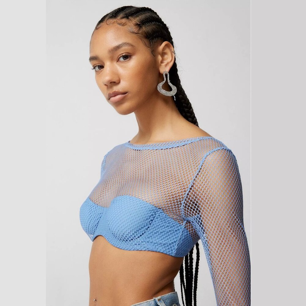 OUT FROM UNDER Overdrive Mesh Long Sleeve Crop SMALL Blue Bra Top Urban NWOT